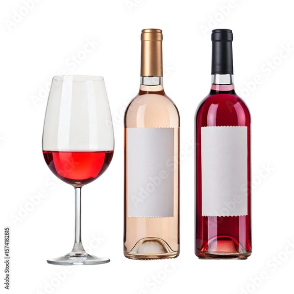 Fototapeta White, Rosé, and Red Wine Bottles with Glasses – Clean Studio Background,red wine bottle and glass