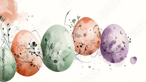 Obraz watercolor painting Easter egg decorated elegant pastel colored natural tree patterns against clean white background