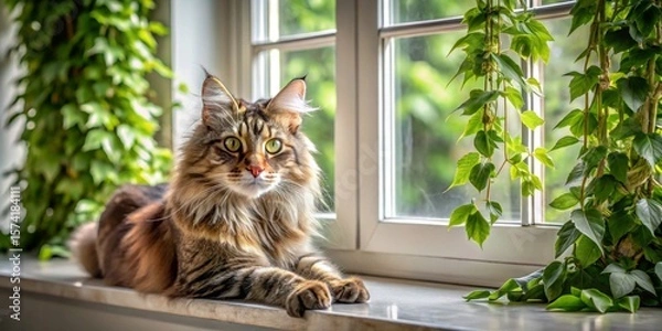 Fototapeta A longhaired feline companion rests peacefully on a sunlit windowsill, flanked by vibrant green foliage, enjoying a tranquil moment of domestic bliss.