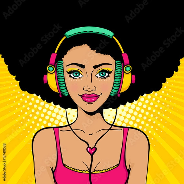 Obraz Muzyka pop-art. Młoda seksowna dziewczyna z fryzurą afro w kolorowych słuchawkach, słuchanie muzyki z uśmiechem. Jasne tło wektor w retro komiks stylu pop art. Plakat z zaproszeniem na przyjęcie.