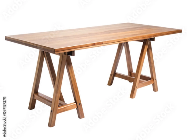 Obraz Photo of wooden trestle table with simple modern design isolated on white isolated on transparent background