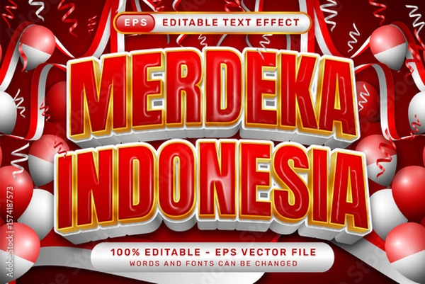 Fototapeta indonesia merdeka 3d text effect and editable text effect with red and white balloon Indonesian red and white flag