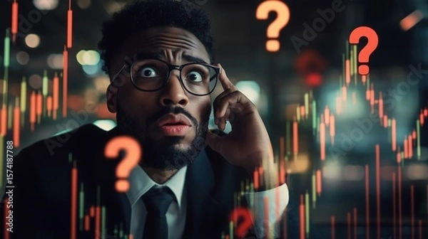 Fototapeta Concerned black male trader in a suit pondering over confusing financial graphs with question marks around.