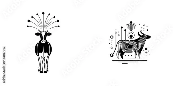 Fototapeta Vector art of two stylized cow silhouettes featuring unique designs and patterns in a minimalist style