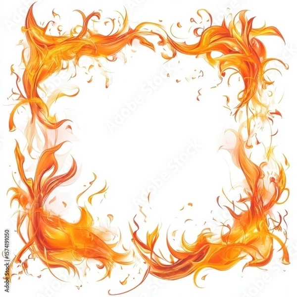 Obraz Abstract swirling orange and yellow flames forming a decorative border on a white background