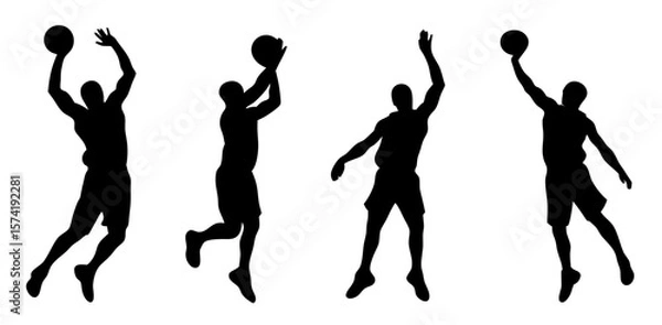 Fototapeta Vector set of basketball player silhouettes in action poses like dribbling, shooting, dunking. Perfect for sports themes, training visuals, posters, and fitness designs. Transparent background.