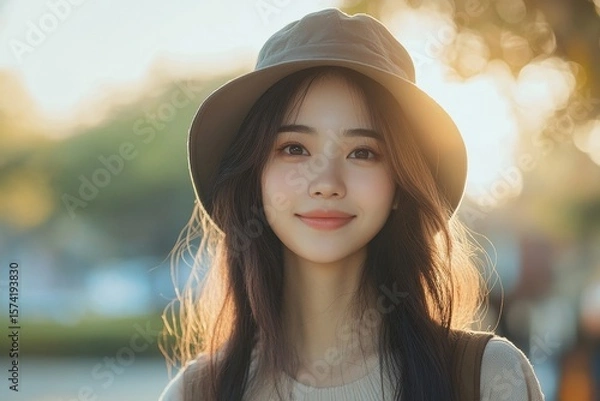 Obraz Young Asian woman standing and smiling, isolated on the background, Generative AI