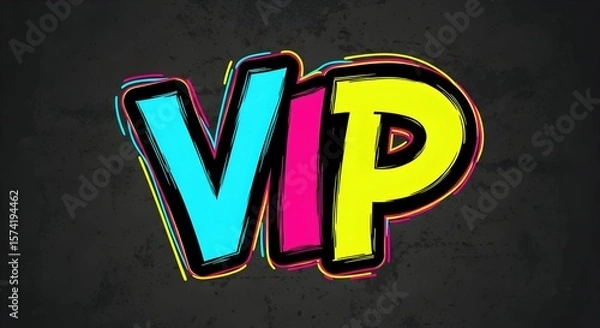 Fototapeta Neon letters spelling VIP with glitch effect on dark background. Vibrant modern typography design for exclusive content and social media post.
