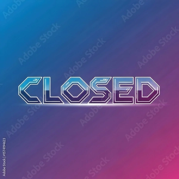 Fototapeta Retrofuturistic "closed" sign with neon glow effect on a blue and purple gradient background for shop closure or business off status.