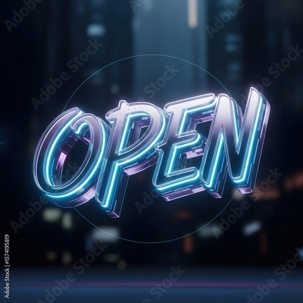 Fototapeta Shiny 3d render open sign displaying a bright blue neon light. Business establishment hours notification.