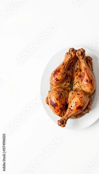 Fototapeta create a high resolution image of a whole roasted chicken on a white background, place the chicken on the right side of the image
