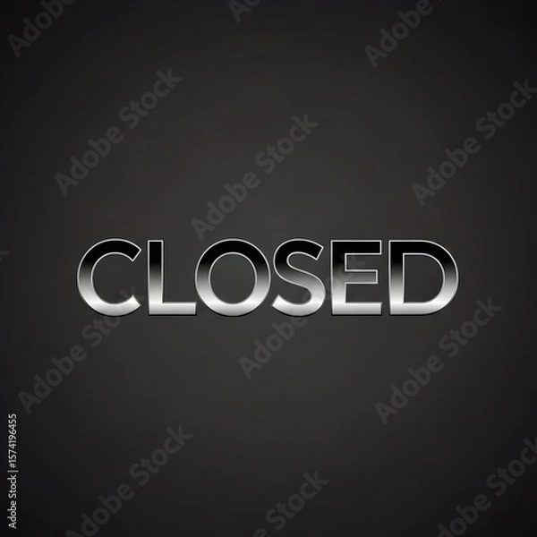 Fototapeta Chrome closed sign on dark background. Business hours and restricted access concept. Metallic text for store status.