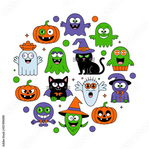 Fototapeta Vector art of a circular arrangement of various halloween characters including ghosts, pumpkins, monsters, and a black cat