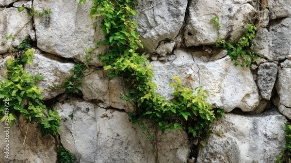 Fototapeta Old stone wall with creeping greenery