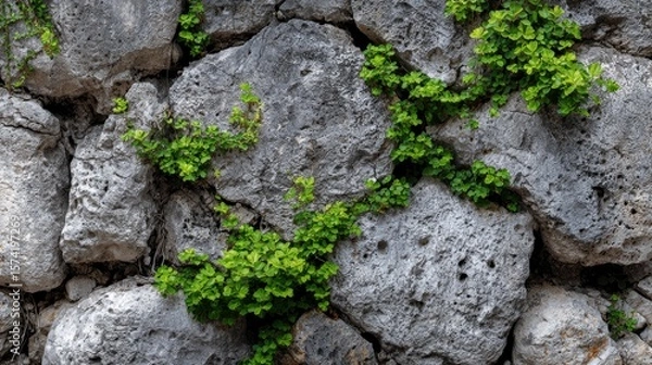 Fototapeta Stone wall embraced by lively greenery