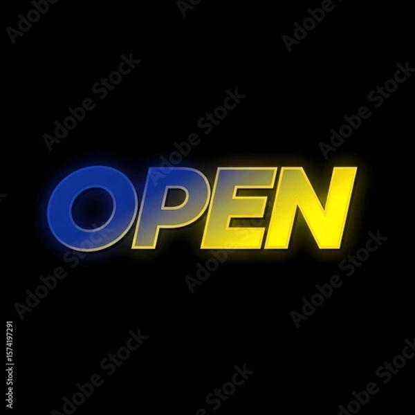Fototapeta Yellow and blue open sign with a neon glow effect, illuminating a dark background. Business hours concept for store display.