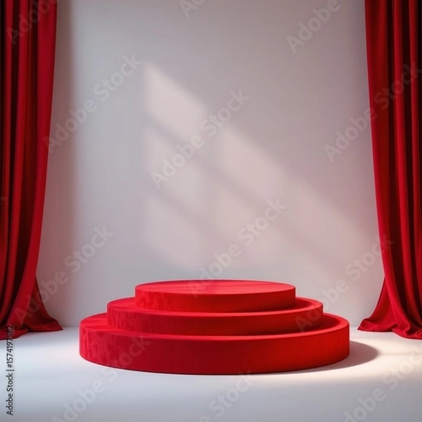 Fototapeta create a captivating image featuring a heart shaped stage podium adorned in red and illuminated by soft lightings