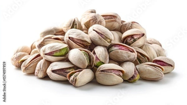 Fototapeta Roasted pistachios in a pile against a white background