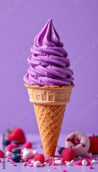 Fototapeta create an eye catching image featuring a vibrant purple ice cream cone set against a matching purple background