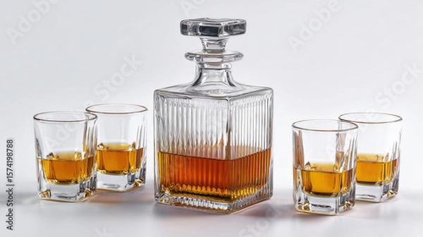Fototapeta Elegant glass whiskey decanter with matching glasses filled with golden liquor, arranged on a light background for a luxurious barware presentation