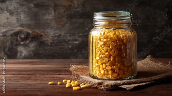 Fototapeta Golden corn kernels nestled in a rustic glass jar