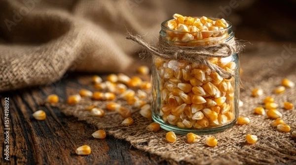 Fototapeta Corn kernels in rustic jar scene