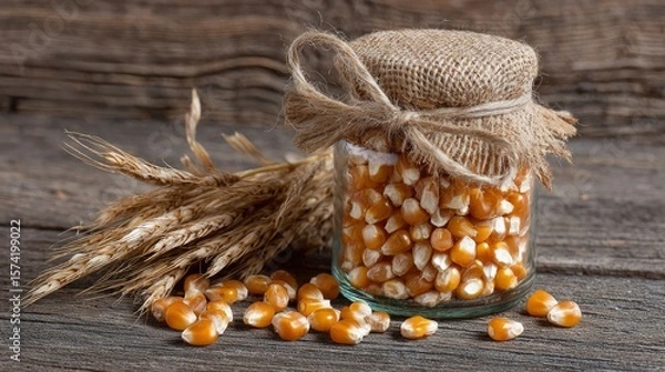 Fototapeta Rustic corn kernels jar twine and wheat
