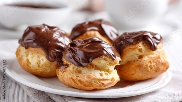 Fototapeta Cream puffs lavishly draped with rich chocolate