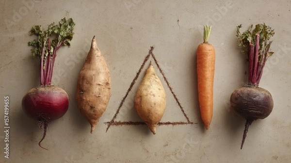 Fototapeta Root vegetables amidst earthy triangle design