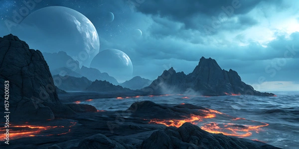Fototapeta Alien planet landscape with moons, lava flows, and dramatic skies