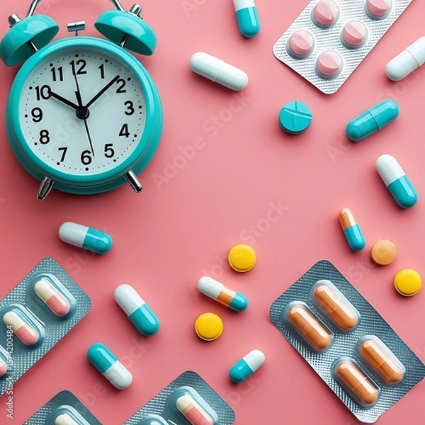 Obraz Medical Flat Lay with Turquoise Alarm Clock, Pills, and Blister Packs on Coral Pink Background. Healthcare and Wellness Concept. Ai
