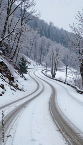 Fototapeta subject: a winter scene on a winding road, style: pastel, position the subject at the top of the image with ample copy space at the bottom