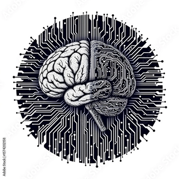 Fototapeta create a modern art piece featuring a human brain with a circuit board pattern in the background, derived from binary code