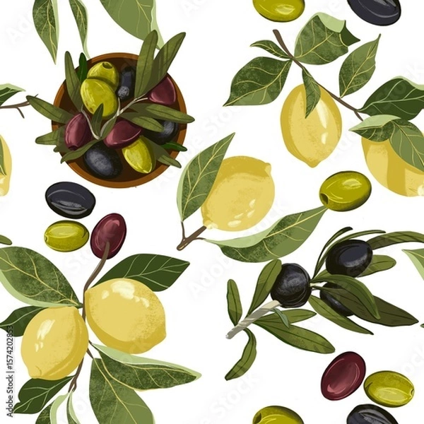 Fototapeta Seamless pattern colorful illustration of lemon branches with fresh yellow lemons and green leaves colorful olives. A  white background, vibrant botanical composition perfect for kitchen prints