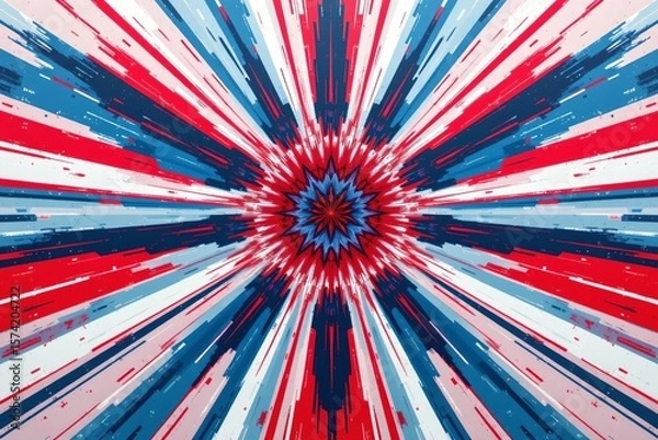 Fototapeta create an abstract image featuring a bold starburst pattern in shades of red, white, and blue against a contrasting background