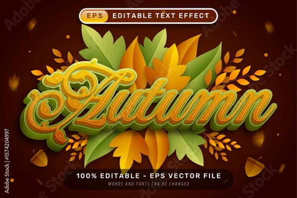 Fototapeta autumn 3d text effect and editable text effect with autumn leaves illustration	