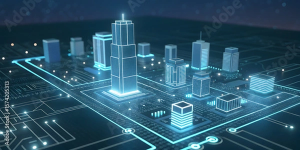 Fototapeta A glowing futuristic city rises from a digital circuit board at night
