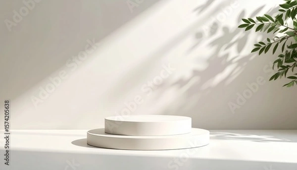 Fototapeta minimal white stage platforms with layered circular design and soft shadows in a clean studio setting