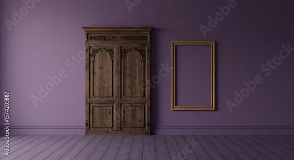 Fototapeta Empty purple room with blank frame and decorative wooden panel
