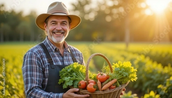 Obraz happy middle-aged farmer in clean work clothes, smiling while holding a basket of fresh organic vegetables (tomatoes, carrots, lettuce) in a sunlit vegetable field, golden hour lighting