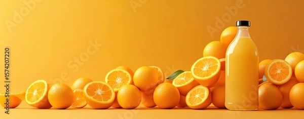 Fototapeta Fresh oranges and juice on vibrant orange background.