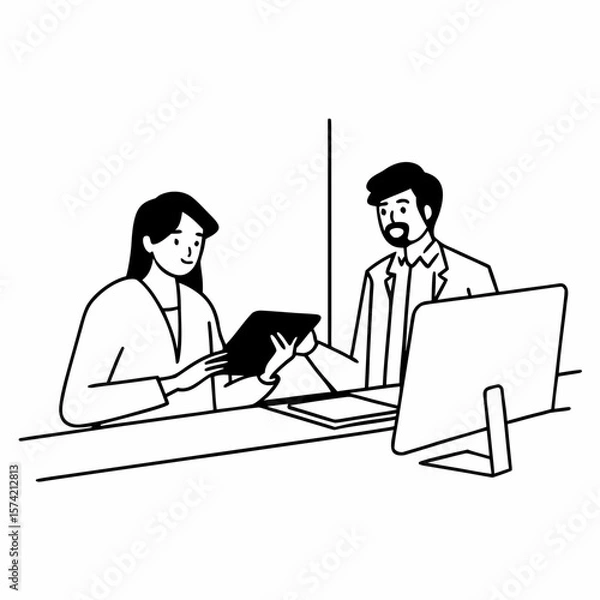 Fototapeta Two diverse business team people talking and working in office on corporate project at meeting. Young Asian employee and mid aged Latin executive looking at digital tablet company technology device.