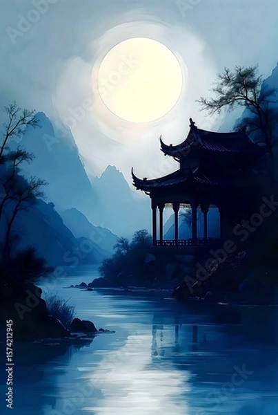 Obraz Serene Moonlit Pavilion - Dark Ink Shadow