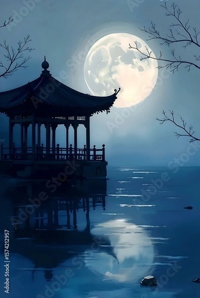 Obraz Serene Moonlit Pavilion - Dark Ink Shadow
