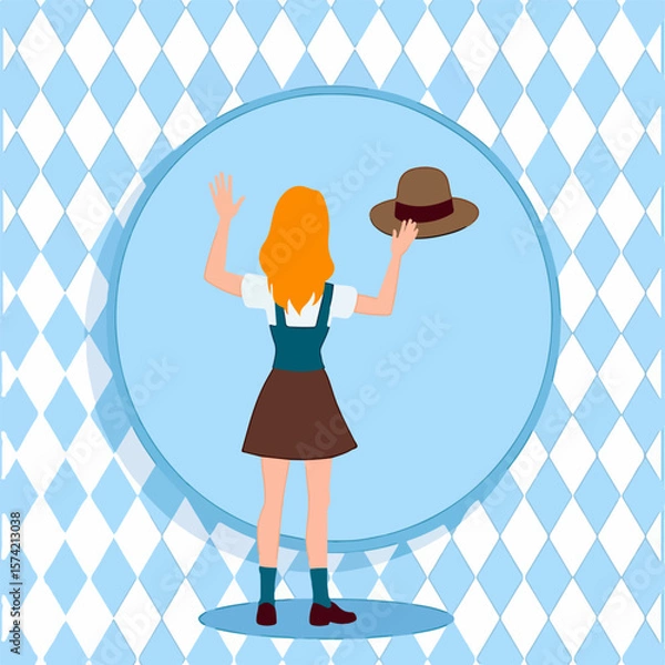 Fototapeta From the series "oktoberfest", girl with a hat in her hand meets or sees someone off,  on the background of traditional bavarian pattern with blue and white diamonds