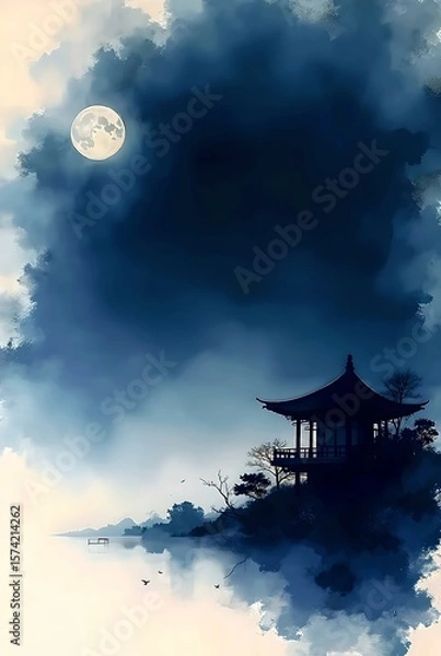 Obraz Serene Moonlit Pavilion - Dark Ink Shadow
