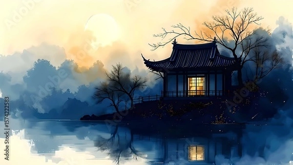 Obraz Minimalist Abstract Chinese Ink Background - Moonlit Pavilion Scene (Sunrise)