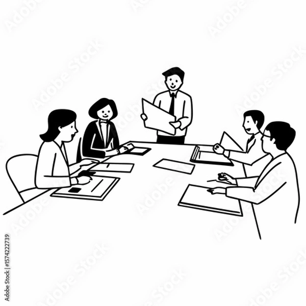 Fototapeta Young Asian account manager advisor lawyer showing paper documents to Latin client partner, diverse professional colleagues discussing tax financial contract papers working in office at meeting.