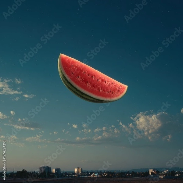 Obraz Watermelon slice on summer night sky above cityscape with clear atmosphere and horizon view