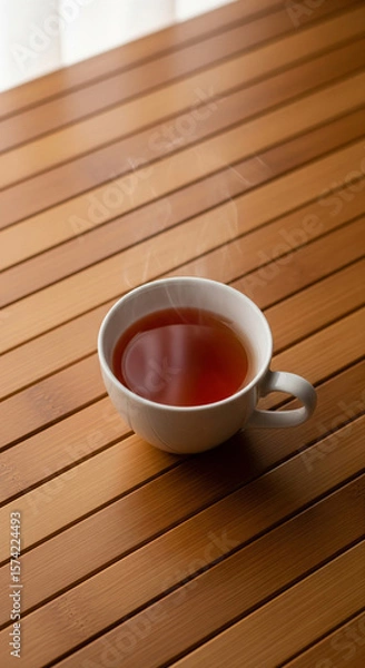 Fototapeta Photo of a steaming cup of hot tea rests on a warm wooden slatted table, inviting a moment of cozy refreshment